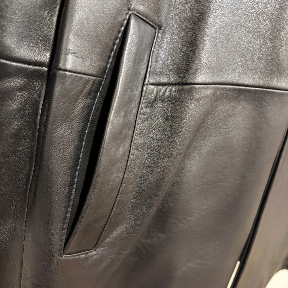 Pronto‎ Uomo Mens XXL Black Leather Jacket Mid Length Overcoat Collar Pockets - Picture 9 of 12